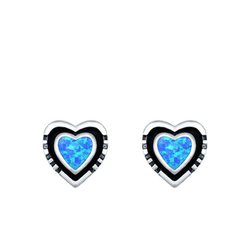 Heart Stud Earrings Lab Created Blue Opal 925 Sterling Silver (7mm)